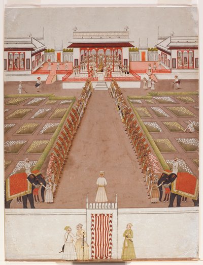 En gård för Nawab i en paviljong, bortom en aveny med hållare och två elefanter, ca 1765 (ogenomskinlig wc & guld på papper) av Indian School