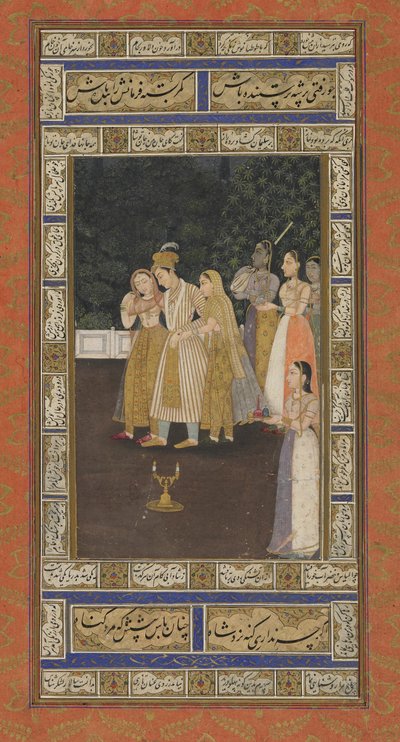 En prins med haremskötare, albumfolio med målning, tidigt 1700-tal (ogenomskinlig akvarell, bläck och guld på papper) av Indian School