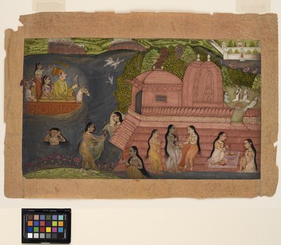 En Raja-hökning från en båt kommer på badande skönheter vid ett tempel, ca 1695 (ogenomskinlig akvarell och guld på papper) av Indian School