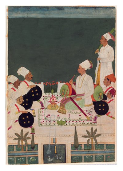 A Rathore Chief with His Kinsmen, c.1700 (ogenomskinlig wc & guld på papper) av Indian School
