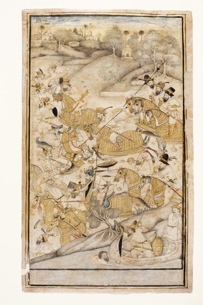 En strid utkämpad av européer, ca 1700 (ogenomskinlig wc & guld på papper) av Indian School