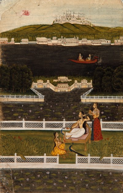 En vacker kvinna på en sjöterrass, ca 1770 (ogenomskinlig wc & guld på papper) av Indian School