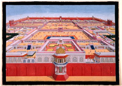 Fågelperspektiv av Röda fortet i Delhi från öster, med en kejsare, troligen Shah Alam (1759-1806), som går in i Diwan-i-Khas till höger, ca 1780-90 (opak akvarell)) av Indian School