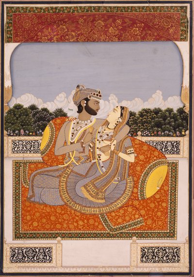 Ett par omfamnar på en terrass, ca 1835 (ogenomskinlig wc, lack, guld & glas på papper) av Indian School
