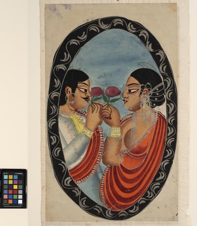 En fop besöker en kurtisan (recto), ca 1880 (akvarell på papper) av Indian School