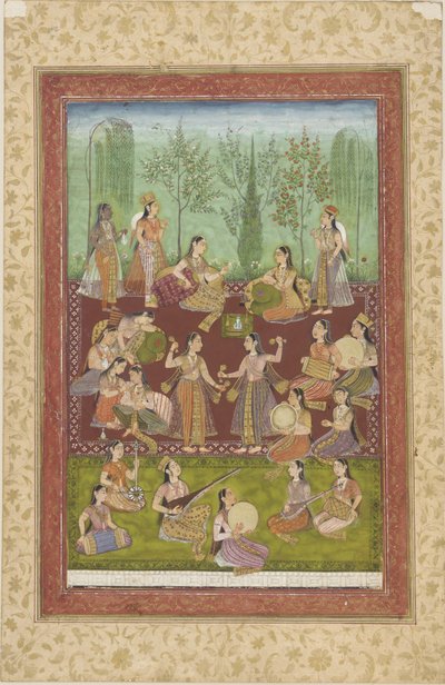 En grupp kvinnor i en trädgård som underhåller sig med musik och dans (färg & guld på papper) av Indian School