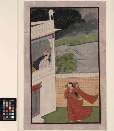 En dam kommer till sin älskares hus i en regnstorm, ca 1830 (ogenomskinlig w/c och guld på papper) av Indian School