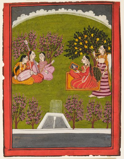 En dam som sitter med en spegel i en trädgård, med en piga och tre musiker, ca 1909 (gouache på papper) av Indian School