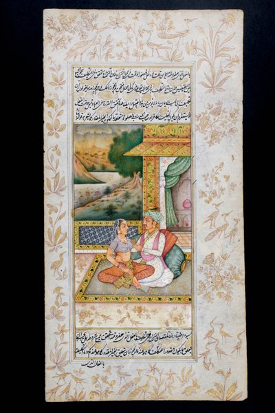 En man uppvaktar en kvinna i en boudoirscen, Rajasthani-miniatyrmålning av Indian School