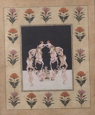Ett par älskare som sitter på en gunga som består av andra sammanflätade älskare, ca 1830 (gouache på papper) av Indian School