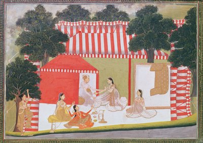 En prins som försöker dra in en dam i sitt tält; en piga och vänner tittar förvånat på, ca 1760 (ogenomskinlig wc på papper) av Indian School