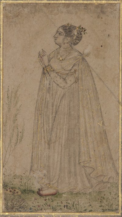 En prinsessa dyrkar solen, ca 1600 (ogenomskinlig wc & guld på papper) av Indian School