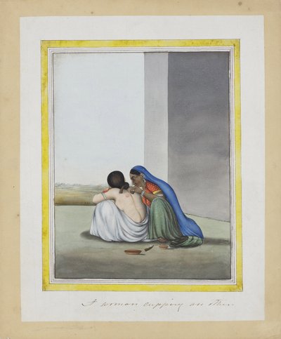 En kvinna som koppar en annan, ca 1815 (ogenomskinlig wc på papper) av Indian School