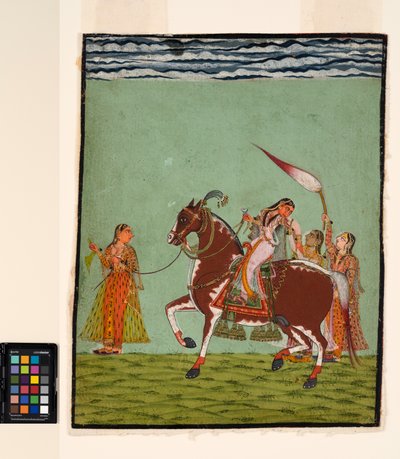 En kvinna till häst med tre skötare, ca 1735 (ogenomskinlig akvarell på papper) av Indian School