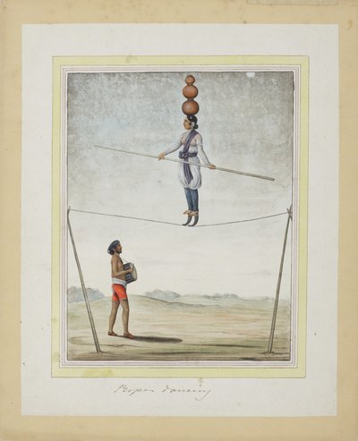 Acrobat on a tightrope, trummis nedan, c.1820 (ogenomskinlig wc på papper) av Indian School