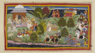 Lägg till 15296 (1) f.105r, De två prinsarna, brahminerna och ministrarna närmar sig eremitaget Bharadvaja till fots, med de tre drottningarna på avstånd över horisonten följt av sina kullar. Armén med sina elefanter och vagnar väntar bakom. På l av Indian School