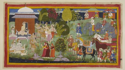 Lägg till 15296 (1) f.108r, Bharadvaja, som sitter utanför sin hydda tillsammans med andra asketer och rådjur, frågar prinsarna om de har njutit av hans gästfrihet. Han berättar för dem och deras följeslagare att Rama bor i Citrakuta. På hans begäran har p av Indian School