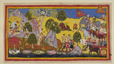 Lägg till 15296 (1) f.112r, tumultet från den annalkande armén som har larmat Rama, han säger till Laksmana att klättra upp i ett träd för att ta reda på vad som orsakar larmet. Laksmana klättrar upp i ett blommande sala-träd och känner igen på avstånd Bha av Indian School