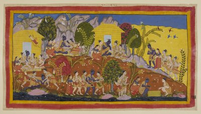 Lägg till 15296 (1) f.114r, Överst i mitten kastar sig Bharata och Shatrughna för Ramas fötter, som omfamnar sina yngre bröder och luktar på Sitaeirs huvuden. Rama tar dem i sitt knä när han frågar efter deras och deras fars välfärd, och h av Indian School