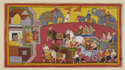 Lägg till 15296 (1) f.128r, Vasisthas och prinsarnas vagnar, med deltagande av olika ministrar och människor, går in i staden Nandigrama. av Indian School
