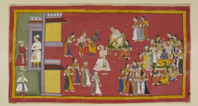 Lägg till 15296 (1) f.50r, Dasaratha hade tidigare beordrat Sumantra att kalla sina drottningar och alla hans fruar, som nu omringar kungen när Sumantra för in de landsförvisade för att ta deras farväl. Dasaratha försöker övertala Rama att inte gå till sko av Indian School