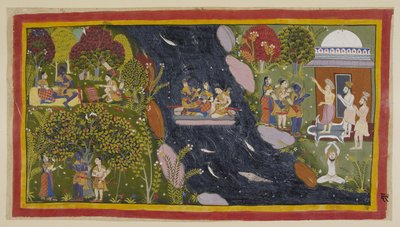 Lägg till 15296 (1) f.69r, Bharadvaja, till höger i sitt eremitage, tipsar resenärerna om vägen till Citrakuta. I centrum korsar de Yamuna på en improviserad flotte, medan Sita ber igen till flodens gudinna för en säker återkomst, och på av Indian School