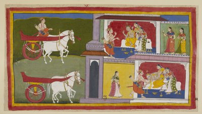 Lägg till 15296 (1) f.72r, Till vänster återvänder Sumantra till Ayodhya och går in i palatset för att ge Ramas sista budskap till kungen, som sitter med Kausalya och Sumitra bredvid sig. Kungen faller i svimning och fångas av Sumantra och drottningarna. av Indian School