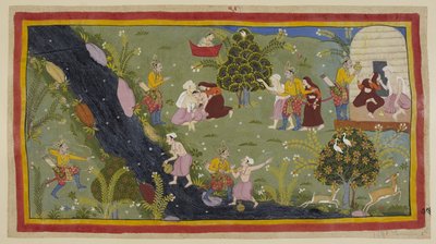 Lägg till 15296 (1) f.79r, Dasaratha berättar för drottningarna om händelsen i sin ungdom då han av misstag dödade en vises son under jakt. Till vänster riktar Dasaratha av misstag sin båge genom träden mot ungdomen, som fyller sin vattenkanna på den andra av Indian School