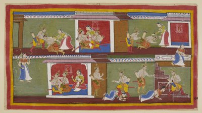 Lägg till 15296 (1) f.89r, Längst upp till höger hälsar Bharata och Shatrughna på Kaikeyi, som tar dem i sitt knä, och de samtalar om de senaste händelserna. Bharata faller och svimmar när han hör om sin fars död och vad hans mamma har gjort för att säkra av Indian School