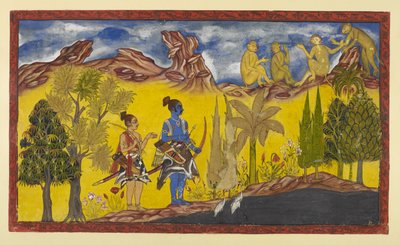 Lägg till 15296 (2) f.2r, I deras desperata sökande efter den bortförda Sita, har Rama och Laksmana kommit till Pampa sjön, som är täckt av lotusblommor och omgiven av blommande träd. Det är vårsäsong och Rama blir ständigt påmind av parningsbi av Indian School