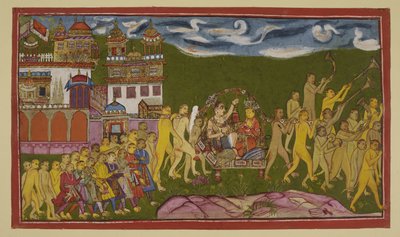 Add 15296 (2) f.43r, Sugriva och Laksmana transporteras i en gyllene kull, buren av apor, från Kiskindha av Indian School