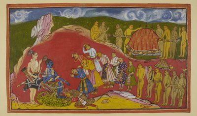 Lägg till 15296 (2) f.44r, Rama som sitter på ett säte av lotusblad i sin grotta, med Laksmana stående bredvid sig, är överlycklig över att se den stora armén av apor som Sugriva har tagit med sig. Sugriva faller för Ramas fötter och apministrarna respekte av Indian School