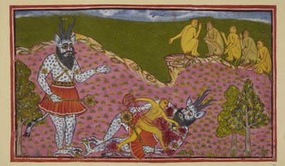 Lägg till 15296 (2) f.59r, Aporna som gick söderut, inklusive Hanuman och Angada, stöter på en enorm asura (demon), blå och fjällande, med horn och en mace. Angada tror att han är Ravana och slår honom till marken och tar bort honom medan de andra aporna t av Indian School