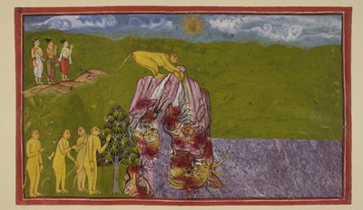 Lägg till 15296 (2) f.81r, På det stora havets stränder var aporna förskräckta över hur de kunde korsa den för att nå La?k?. Angada frågade dem alla hur långt de kunde hoppa, men ingen var säker på att hoppa så långt, förrän Jambavan uppmanade Hanuman, s av Indian School