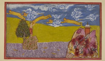 Lägg till 15296 (2) f.84r, Oförskräckt av havets bredd, sväller Hanuman sig själv till en ofantlig storlek och använder det fortfarande brinnande berget Mahendra som avfyringsramp och kastar sig ut i rymden och över havet till öriket La ?k?. The Ocean enco av Indian School