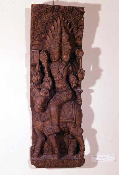 Agni, eldguden, avbildad med två huvuden (bicefal) på en bagge, enligt hinduisk mytologi. Träskulptur från 1600-talet. Paris, Musée Guimet. av Indian School