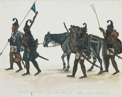 Akali Sikhs on the March, c.1850 (ogenomskinlig akvarell på papper) av Indian School