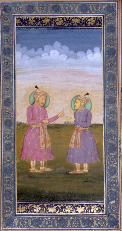 Akbar överlämnar en juvelbesatt fjäder till sin son Jahangir, ca 1845 (ogenomskinlig wc & guld på papper) av Indian School