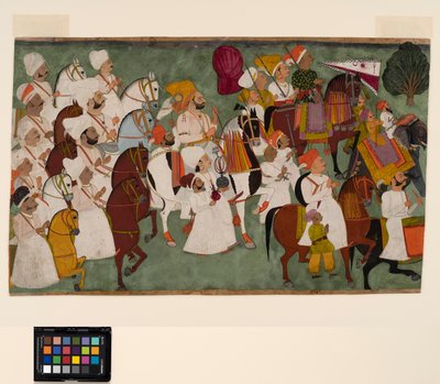 Akhi Singh rider med sitt följe, ca 1750 (ogenomskinlig akvarell och guld på papper) av Indian School