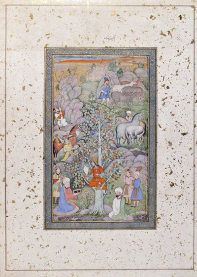Alexander ifrågasätter filosofen, läkaren och bägaren, ca 1610 (ogenomskinlig wc & guld på papper) av Indian School