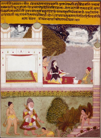 En askete lyssnar på musik på terrassen till ett miniatyrpalats i den indiska skolan, cirka 1760. Privat samling av Indian School