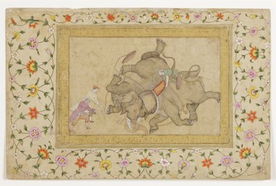 En elefantstrid, med blommig arabesk på kanten, ca 1610 (ogenomskinlig wc & guld på papper) av Indian School