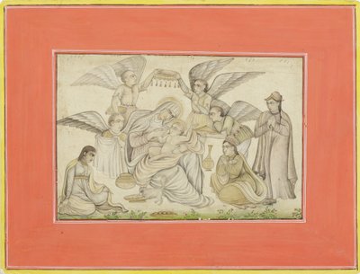 Angels Attend Mary and Jesus, c.1665 (ogenomskinlig wc & guld på papper) av Indian School