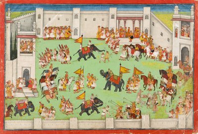 Brudgummens ankomst till palatset, folio från en Ramayana, ca 1640-1650 av Indian School