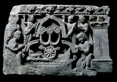 Art of Gandhara (eller grekisk-buddhism): "" Buddha i bön"" miraklet Sravasti (Shravasti eller Savatthi) (Praying Buddha, Sravastis mirakel) Relief av Gandhara-skolan - 2:a till 400-talet - Indian Museum, Calcutta Indien av Indian School