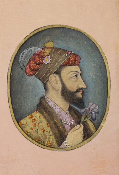 Aurangzeb Bahadur håller en iris, ca 1650 (ogenomskinlig wc & guld på papper) av Indian School
