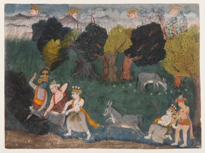 Balarama Kills the Ass Demon, sida från a Dispersed Bhagavata Purana Series, c.1725 (ogenomskinlig akvarell & silver på papper) av Indian School