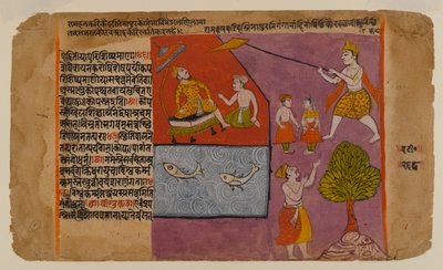Balarama Akiivuta Hastinapur kuelekea Ganges, ukurasa kutoka mfululizo wa Bhagavata Dasamskanda, katikati ya karne ya 17 (wc, dhahabu na fedha kwenye karatasi) av Indian School