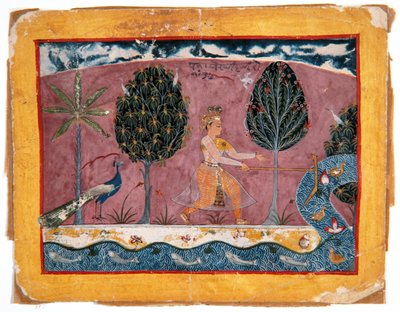 Balarama med sin plogbill vid Jamnafloden, ca 1590-1600 (ogenomskinlig wc & guld på papper) av Indian School