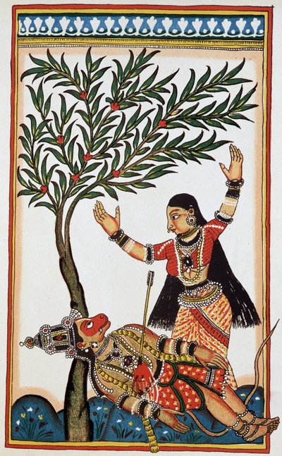 Bali dödades av en pil, bredvid honom Tara hans fru, litho artonde. av Indian School